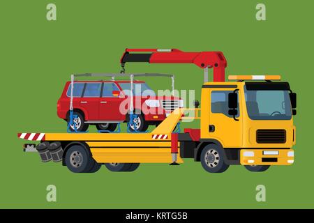 Car towing truck Online, evacuator Online, Online roadside assistance car towing truck, Business and Service Concept, Flat 3d vector isometric illustr Stock Vector