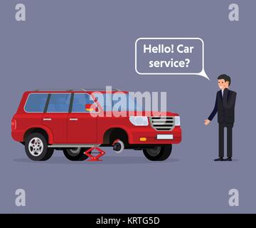 Worried driver calling roadside assistance to help with his breakdown car vector illustration. Flat concept design on man in suit standing text to bro Stock Vector