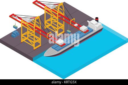 Aerial view of harbor waterfront and maritime terminal with container ship loading isometric poster abstract vector illustration Stock Vector