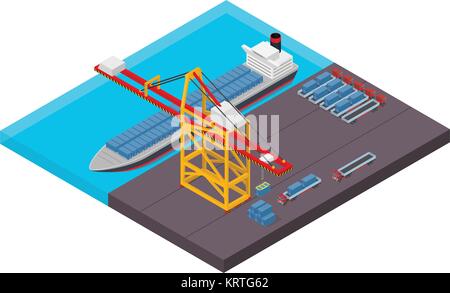 Aerial view of harbor waterfront and maritime terminal with container ship loading isometric poster abstract vector illustration Stock Vector
