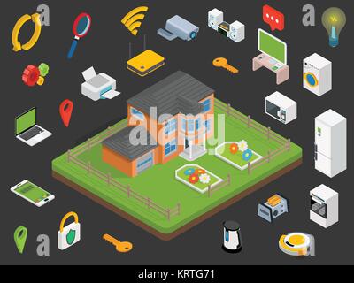 Smart home. Isometric design style vector illustration concept of smart house technology system with centralized control. Stock Vector