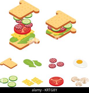 Set vector constructor isometric sandwich and hamburger ingredients ham, cheese, egg, onion, tomato, cucumber, mushrooms, radishes, salad, cutlet pota Stock Vector