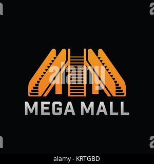 Logo of Mega Mall shop. Template logo of offline shop company with escalator. Vector symbol. Stock Vector