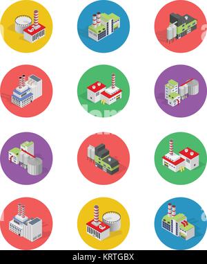 Isometric Building Factory Icons with Shadow - Vector Set Stock Vector