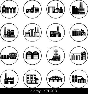 Set of industry manufactory building icons. Plant and factory, power and smoke, oil and energy, nuclear manufacturing station. Vector set. Stock Vector
