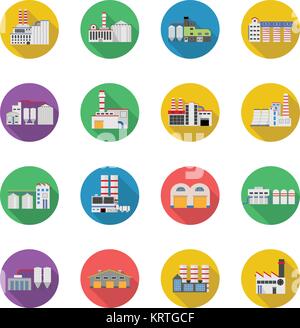 Flat industrial buildings and factories icons - Vector Set On White Stock Vector