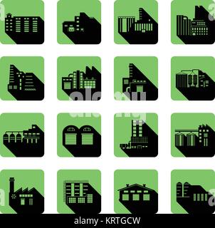 Flat Icon set of distribution warehouse and factories. Silhouette Factory distribution warehouse icon illustrations. Manufacturer production facility  Stock Vector