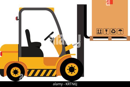 Vector forklift truck with cardboard box isolated flat stock illustration icon loader Stock Vector