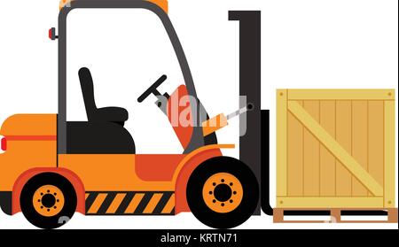 Vector forklift truck with wooden box - isolated flat stock illustration icon loader Stock Vector