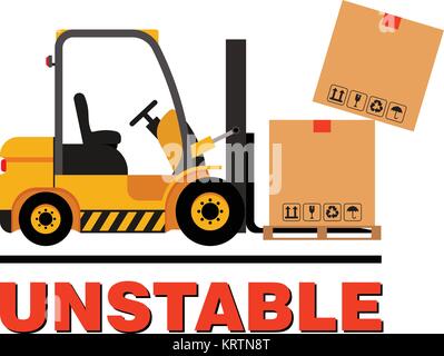 Vector forklift truck moving dropping cardboard boxes. Isolated flat stock illustration icon loader Stock Vector