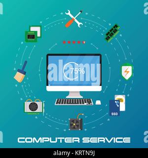 Beautiful set of colorful flat vector banner on the theme repair a desktop computer, upgrade computer and update. Vector illustration. Stock Vector
