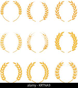 Gold laurel wreath - a symbol of the winner. Wheat ears or rice icons set. Agricultural symbols isolated on white background. Design elements for brea Stock Vector