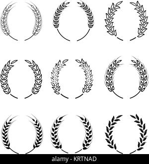 Black laurel wreath - a symbol of the winner. Wheat ears or rice icons set. Agricultural symbols isolated on white background. Design elements for bre Stock Vector