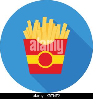 Fast food, French fries, tasty street food. French fries in red paper box, isolated flat icon. Stock Vector
