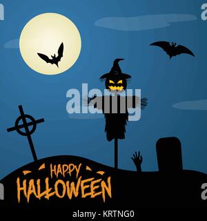 Happy Halloween Poster on Dark Moon Background. Scarecrow on the Graveyard. Stock Vector