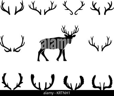 Black silhouettes of different deer antlers, vector Stock Vector