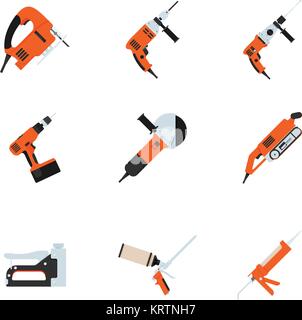 Set of building electrotools for repair. Vector illustration. Fretsaw, drill, puncher, screwdriver, cutting machine, grinder and stapler Stock Vector