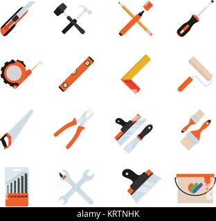 Construction repair tools flat icon set. Tools like hammer, axe, ruler, putty knife. Isolated tools flat set. Stock Vector