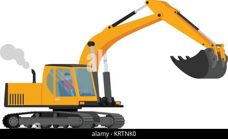 Closeup orange construction excavator with big shovel. Isolated on white. Stock Vector