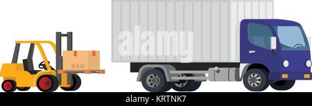 Vector forklift loading truck. Isolated on whine. Stock Vector