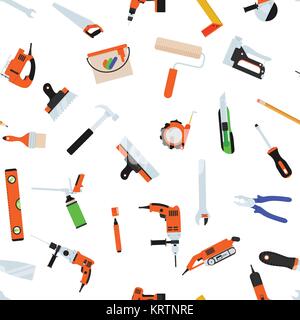 Seamless pattern with tools for repair. Vector illustration. Roller, brush, paint, pencil, tool, hammer tape measure putty knife pencil Stock Vector