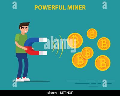 Powerful miner mining bitcoin - vector concept with magnet attracting coins Stock Vector