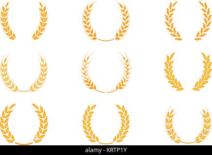 Gold laurel wreath - a symbol of the winner. Wheat ears or rice icons set. Agricultural symbols isolated on white background. Design elements for brea Stock Vector