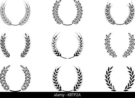 Black laurel wreath - a symbol of the winner. Wheat ears or rice icons set. Agricultural symbols isolated on white background. Design elements for bre Stock Vector