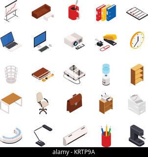 Big set of 3D isometric volumetric of icons on a theme of office equipment with laptop, desktop, lamp, coffee, printer, telephone, chair, table etc. Stock Vector
