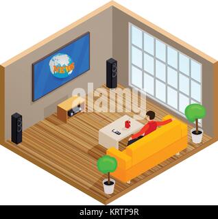 Man watching TV and drinking coffee on sofa in home room interior vector illustration. Man on sofa watch tv, vector isometric illustration of male in  Stock Vector