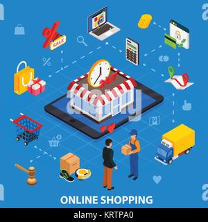 Online shopping isometric concept with related elements on meshes blue background vector illustration Stock Vector