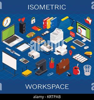 Flat 3d isometric computerized technology workspace infographic concept - vector illustration Stock Vector