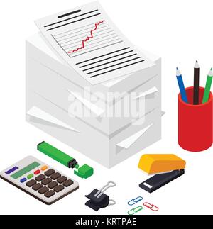 Heap of documents accompanied by pen, pencil and calculator. Isometric vector illustration Stock Vector