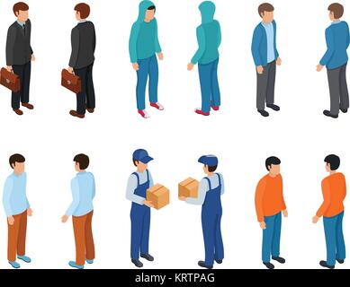 Trendy isometric young creative people with businessman, freelancers, delivery courier and ordinary people. Vector illustration. Stock Vector