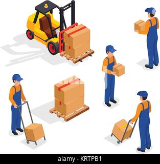 Forklift Truck With Delivery Workers Isolated on White Background, Vehicle Forklift Picks up a Box, Vector Illustration Stock Vector
