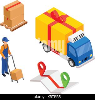 Delivery cargo with map and pins, delivery worker and box - isometric isolated on white Stock Vector