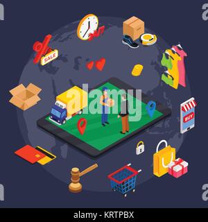 Online shopping isometric concept with related elements on dark background. Vector illustration Stock Vector