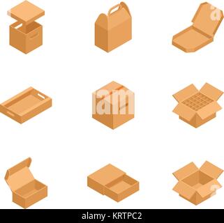 Isometric carton packaging box images set of different size with postal signs this side up fragile vector illustration Stock Vector