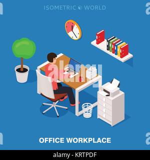 Colored 3d isometric office workplace vector concept illustration. Work table composition plus collection of isometric objects table, chair, books, la Stock Vector