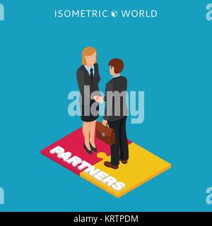Businessmen and woman handshake isometric illustration, business concept agreement and cooperation. Isometric Stock Vector