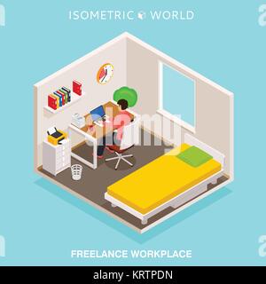 Isometric home office workplace. Concept freelance workspace. Isometric illustration Stock Vector