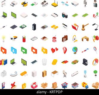 Big set of isometric volumetric of icons on a theme of computer technology and office equipment. Vector set. Stock Vector