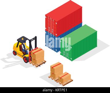 Unloading of sea cargo containers by a forklift. Closed containers and one outdoor. Isometric vector illustration. Stock Vector
