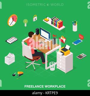 Professional freelancer working on desktop computer at desk. Flat 3d isometric technology concept. Stock Vector