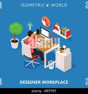 Colored 3d isometric freelance designer workplace vector concept illustration. Work table composition plus collection of isometric objects table, chai Stock Vector