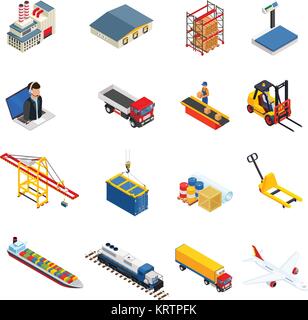 Global logistics isometric icons set of different transportation distribution vehicles and delivery elements isolated vector illustration. Logistic an Stock Vector