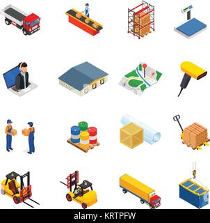 Global logistics isometric icons set of different transportation distribution vehicles and delivery elements isolated vector illustration. Stock Vector