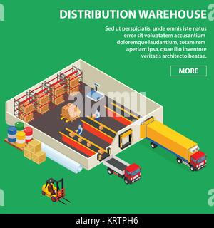 Large distribution warehouse with workers loading or unloading to trucks. Isometric industrial building. Colored in volumetric style vector illustrati Stock Vector