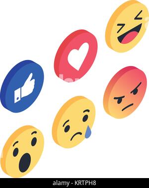 Set Isometric Emoji reactions vector like social icon. Button for expressing social smileys. Flat vector illustration EPS 10 Stock Vector
