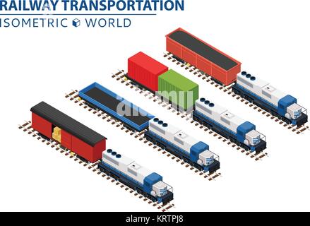 Vector isometric illustration of a set of railway trains consisting of locomotives, platforms for transportation of containers, covered wagons, and ra Stock Vector